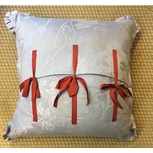 A pillow made from an English printed floral lined circa 1920’s, backed and edged with hand dyed linen Damask. Mary Jane...
