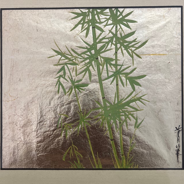 Paint Early 20th Century Ancient Japanese Gouache on Gold Framed and Signed Bamboo Leaves For Sale - Image 7 of 8