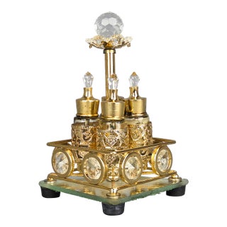 Antique French Perfume Bottles in Ornate Filigree Caddy Holder - Set of 5 For Sale