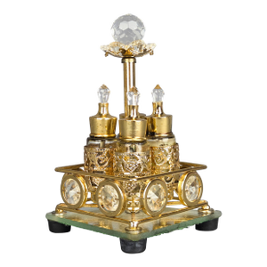 Antique French Perfume Bottles in Ornate Filigree Caddy Holder - Set of 5