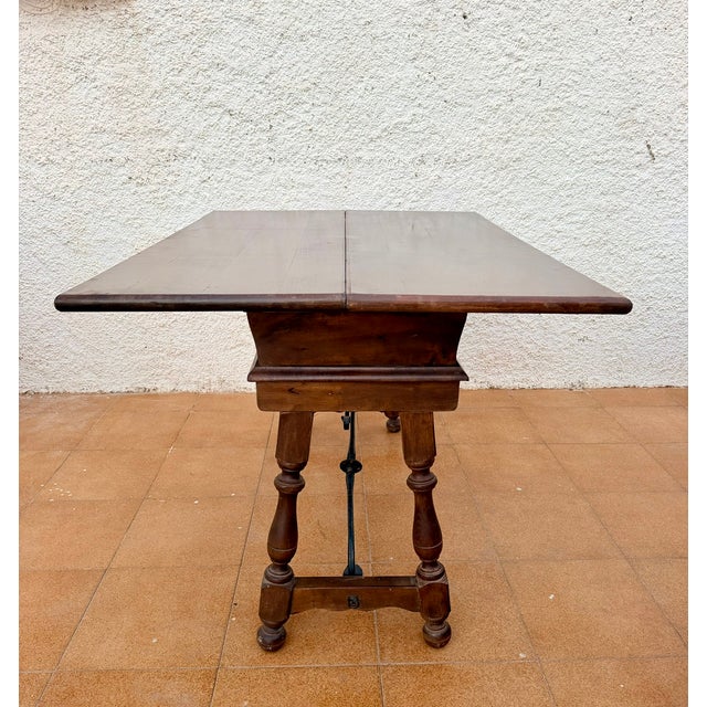 Spanish Carved Wood Drop-Leaf Table with Iron Stretcher, 1940 For Sale - Image 12 of 14