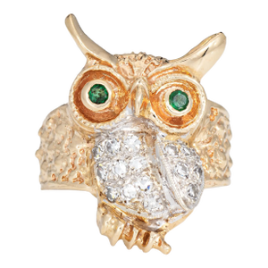 1970s Vintage Owl on Branch Ring 14k Yellow Gold Diamond Emerald Eyes Jewelry Size 6