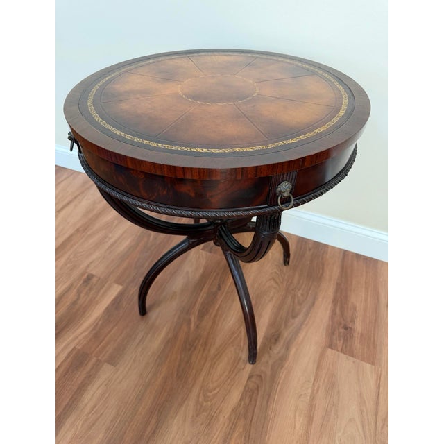 Mid-Century Regency Mahogany Drum Table With Lion Head Pulls For Sale - Image 4 of 16