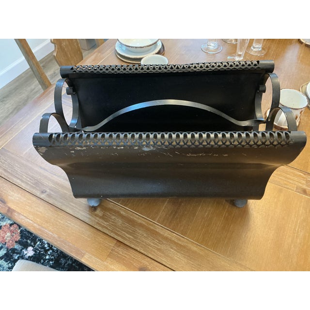 French Country Vintage Hand-Painted Floral Tôleware Magazine Rack With Reticulated Trim For Sale - Image 3 of 9