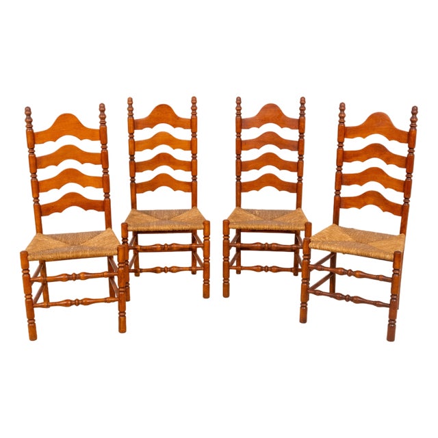 Set of 4 Maple Rush Seat Ladder Back Chairs For Sale