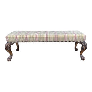 English Chippendale Style Carved Ball-and-Claw Plaid Upholstered Long Bench - 57 Inch For Sale