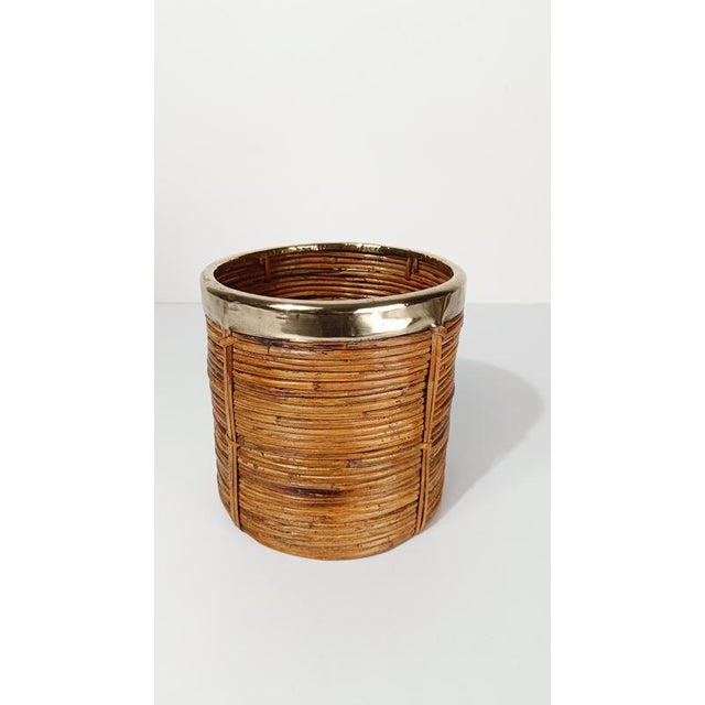 Italian Cachepot Basket in Hand-Woven Pencil Reed Rattan and Brass, 1970s For Sale - Image 15 of 18