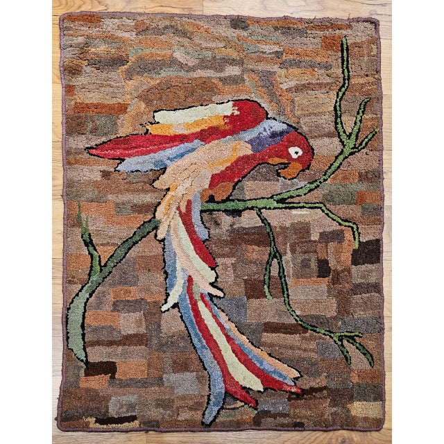 Vintage American Hand Hooked Rug, Pictorial Parrot Design, Folk Art Tapestry, 2x3 For Sale In Chicago - Image 6 of 7