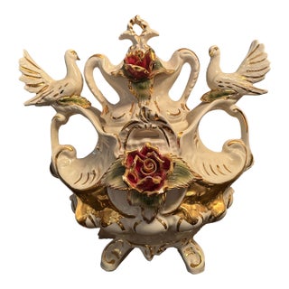 Vintage Capodimonte-Style Porcelain Swan & Rose Centerpiece For Sale