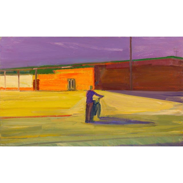 Store Lot by Hiroshi Sato | Oil on Canvas Painting of a figure in a parking lot with buildings. For Sale