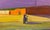 Store Lot by Hiroshi Sato | Oil on Canvas Painting of a figure in a parking lot with buildings. For Sale