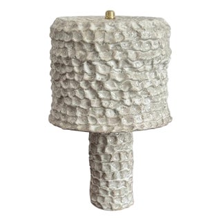 Handmade Ceramic Table Lamp With Textured Stoneware Surface in White Color For Sale