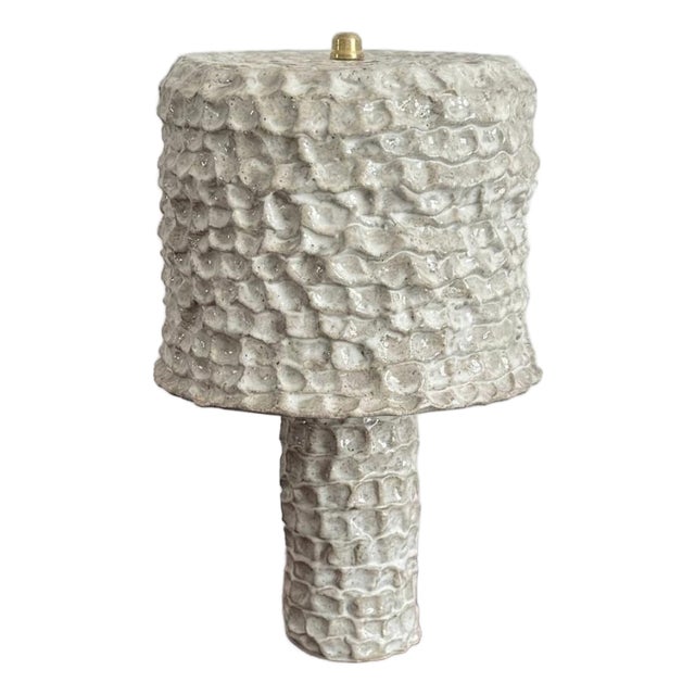 Handmade Ceramic Table Lamp With Textured Stoneware Surface in White Color For Sale