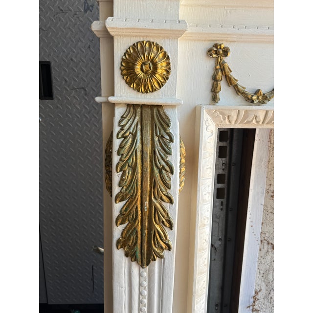 French Monumental Hand-Carved Louis XVI Style White & Gilt Architectural Fireplace Mantel, Solid Wood, 83”w For Sale - Image 3 of 16
