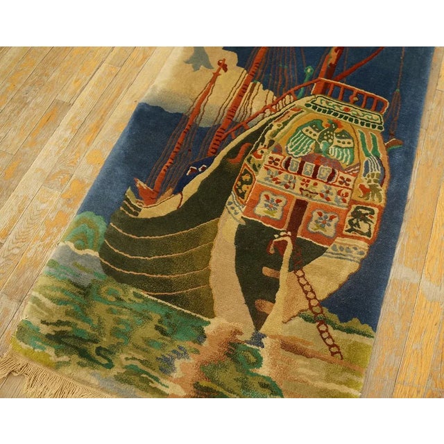 Art Deco Fascinating and Artistic Anchored Boat Imagery Under Blue Sky and on Rippling Seafoam Water Antique Nautical Chinese Deco Rug For Sale - Image 3 of 9