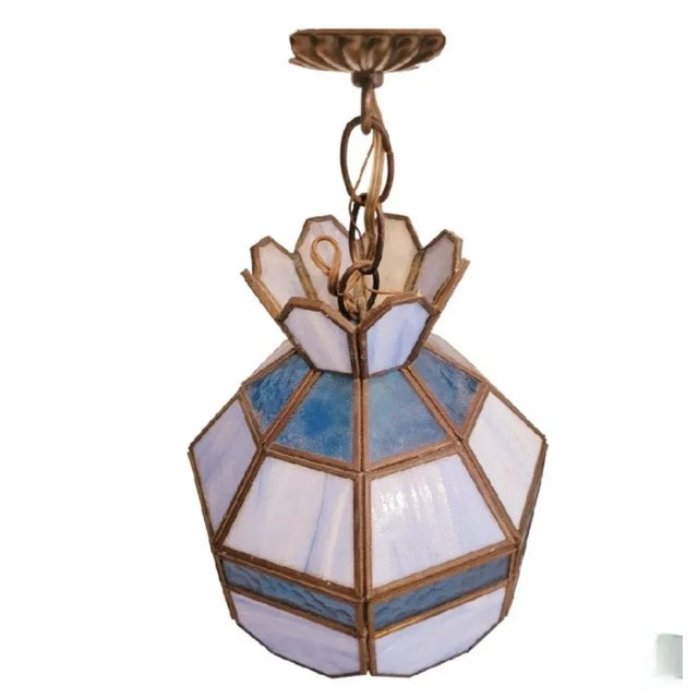 1980s Vintage Pale Dark Blue Tiffany Style Stained Glass Small Ceiling Chandelier Light Fixtures- a Pair For Sale - Image 5 of 7