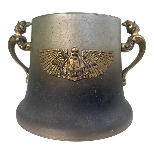 Egyptian Revival Style Winged Lyre Metal Cachepot or Jardinière Cover With Figural Handles, C. 1920s For Sale