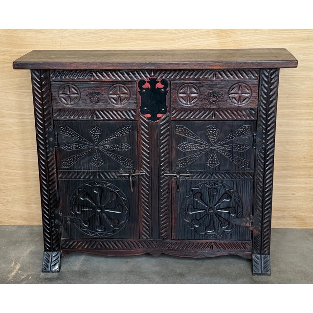 Baroque 20th Spanish Baroque Carved Walnut Tuscan Two Drawers Credenza or Buffet For Sale - Image 3 of 10