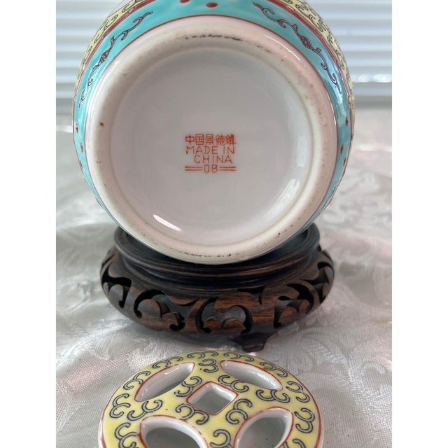 Yellow Vintage Jingdezhen Famille Rose Porcelain Ginger Jar & Stand - Bird & Floral 5" For Sale - Image 8 of 8