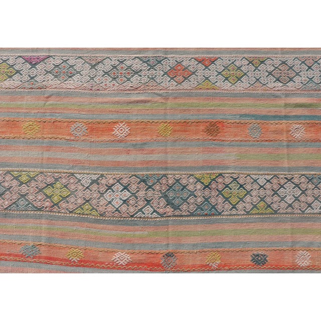 Colorful Vintage Turkish Embroidered Kilim With Stripe's and Geometric Motifs For Sale - Image 4 of 10