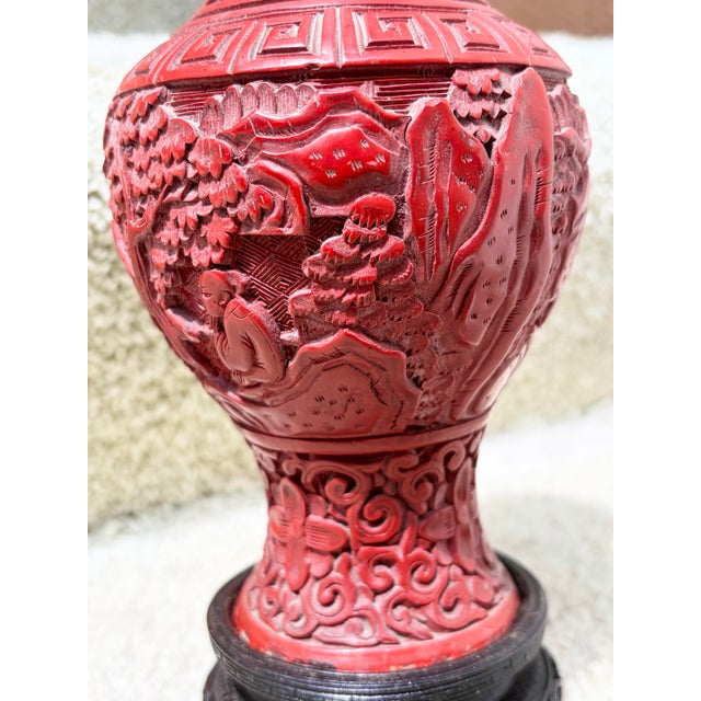 Chinese Antique Chinese Republic Era Carved Red Cinnabar 7.5” Landscape & Figures Vase For Sale - Image 3 of 7