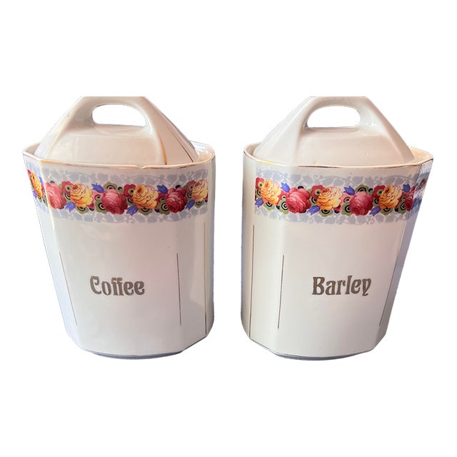 1930s Canister Set 2 Pc W/Lids Germany Floral Roses Coffee Barley White Gold For Sale