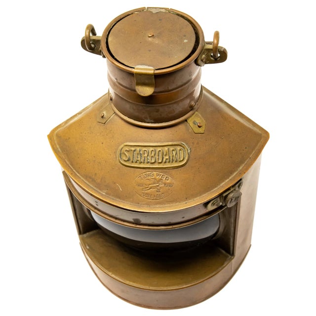Offering this copper starboard ship lantern by Tung Woo. Made to fit in a corner with a bracket to mount. Has a beautiful...