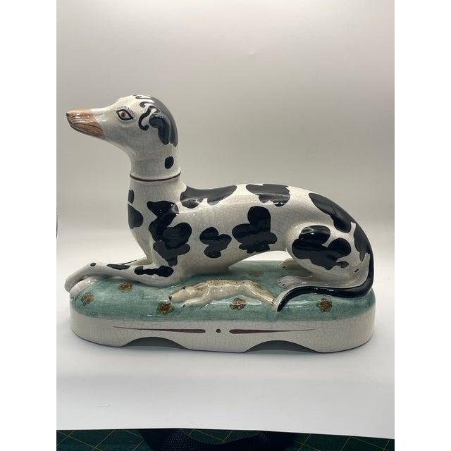 Victorian Mottahedeh Black and White Staffordshire Style Dog With Hare For Sale - Image 3 of 11
