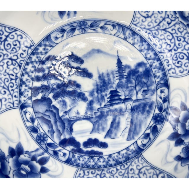 Large Vintage Blue & White Japanese Porcelain Geometric Bowl - Chinoiserie, Traditional, Asian, Grandmillennial For Sale - Image 10 of 14
