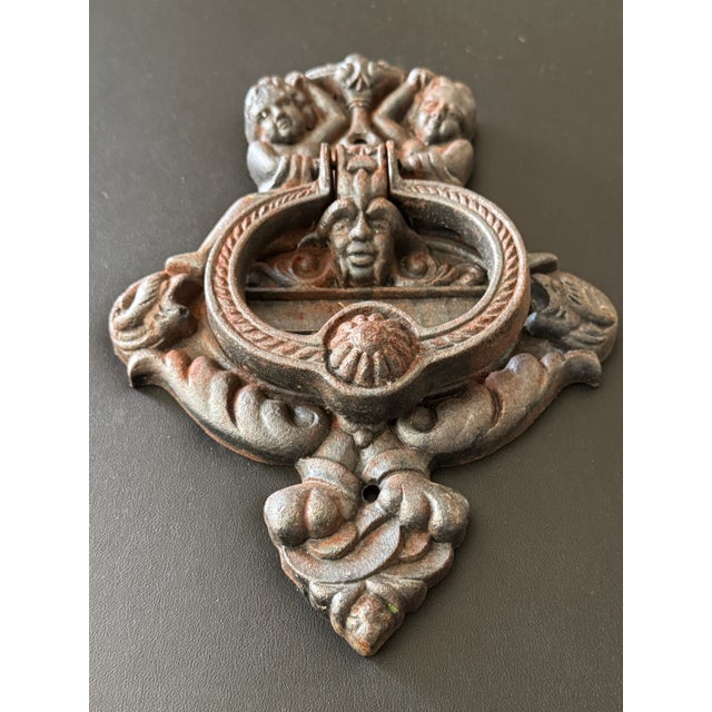 Victorian Vintage Cast Iron Door Knocker Ft. Cherub Motif 6.5" X 9" Heavy-Duty For Sale - Image 3 of 9