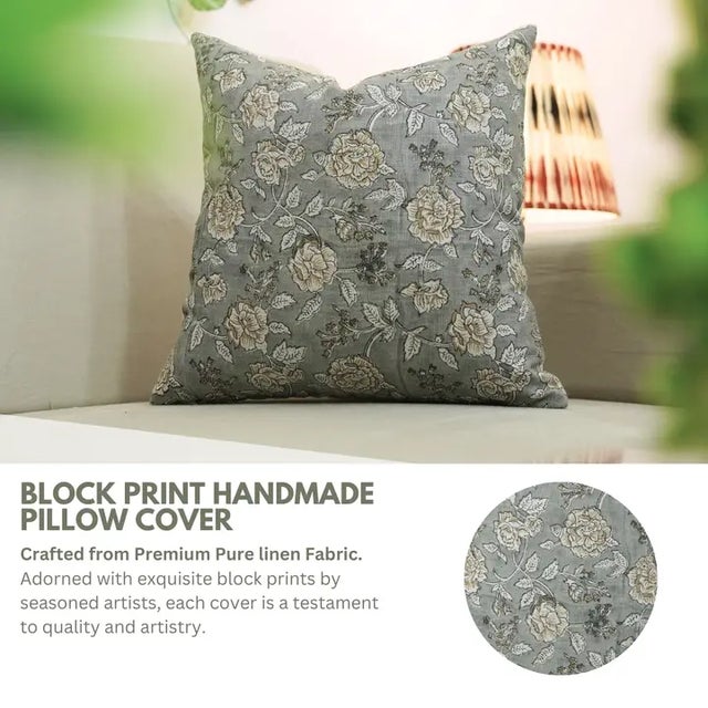 The Rameshwaram cushion cover Featuring a detailed hand block print on pure linen, this piece reflects architectural grace...