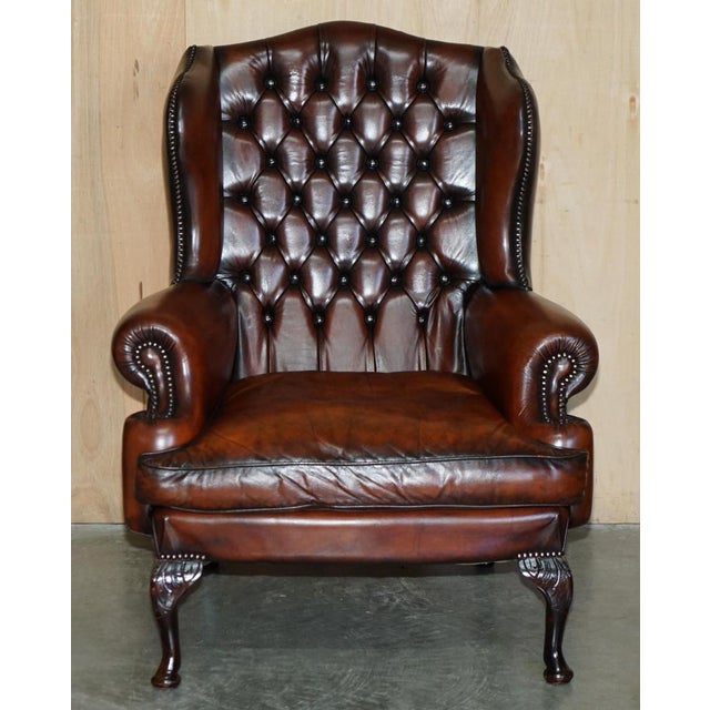 Chesterfield Wingback Chairs and Ottomans in Brown Leather, Set of 4 For Sale - Image 4 of 18