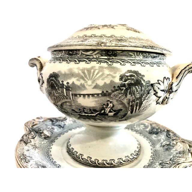 Ceramic Staffordshire 19th-Century Covered Sauce or Gravy Tureen With Underplate For Sale - Image 7 of 12