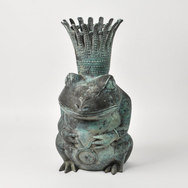Boho Chic Vintage Prince Frog Outdoor Planter Statue Copper Alloy With Patina For Sale - Image 3 of 18