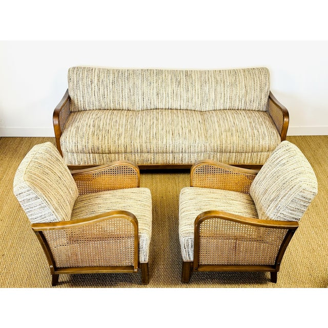 Mid-Century Modern Art Deco Living Room Set in Curved Wood with Tweed and Cane, 1950s, Set of 3 For Sale - Image 3 of 18