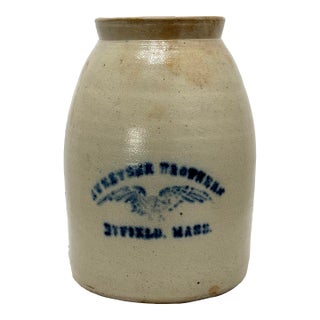 Antique American Blue Eagle Decorated Stoneware 1 Gallon Storage Jar From Byfield Massachusetts For Sale