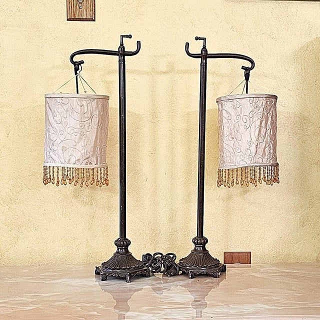 Ivory Vintage Bridge Arm Table Lamps With Beaded Shades - Pair For Sale - Image 8 of 18