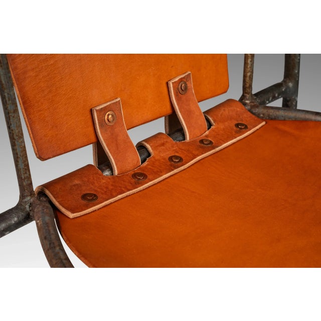 Set of 4 French Wrought Iron Industrial Counter Stools With Hand-Worked Full Grain Leather by Jacques Adnet, France, 1950s For Sale - Image 9 of 12