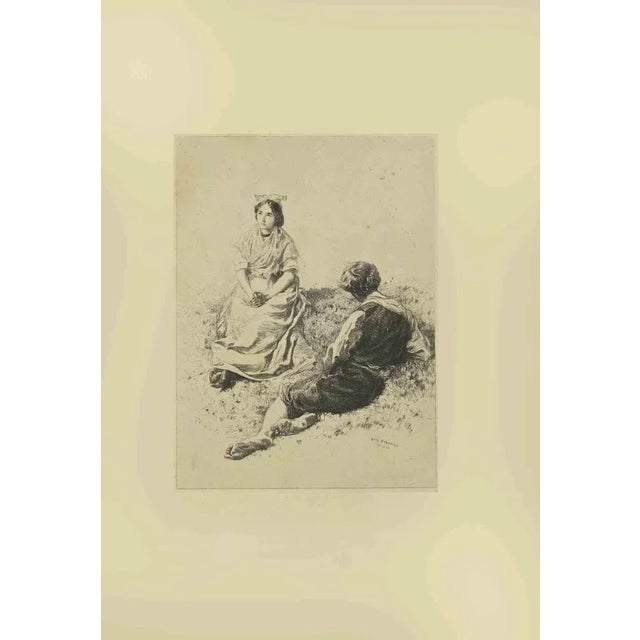 Lovers in Meadow is an etching realized by Eugène Burnand (1850-1921) in the Late 19th century. Signed on the plate. Good...