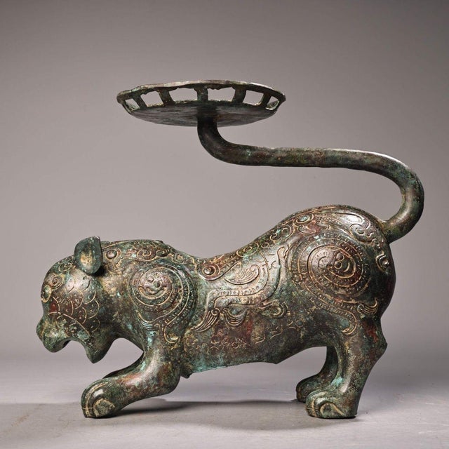 Late 19th Century Bronze Tiger-Form Fruit Tray, 2600g, Archaic Motifs, Sculptural Stand For Sale - Image 4 of 10
