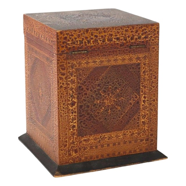 Antique Mixed Wood & Marquetry Cigar Box With Glass Insert C1910 For Sale