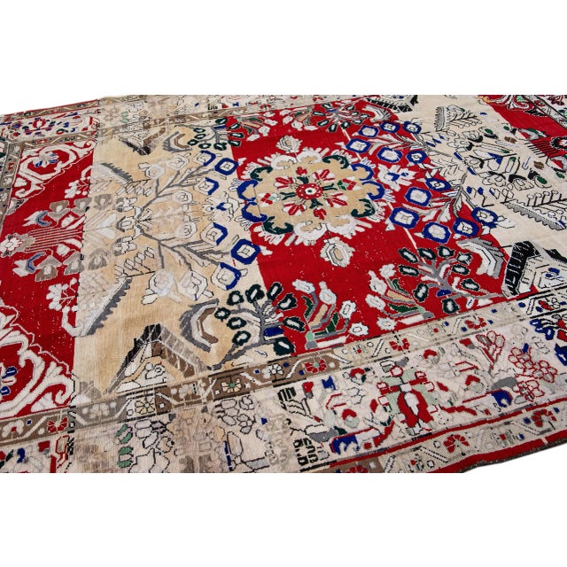 1960s Vintage Persian Distressed Red Handmade Floral Wool Rug For Sale In New York - Image 6 of 7