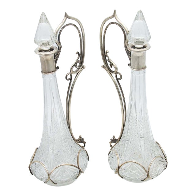 Liqueur Bottles in Cut Glass with Silver Structure, Set of 2 For Sale