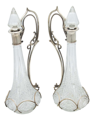 Liqueur Bottles in Cut Glass with Silver Structure, Set of 2