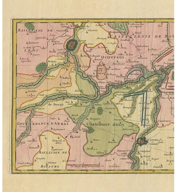 Antique Map of the Region of Bouchain and Cambrai by Visscher, 1680 For Sale - Image 3 of 5