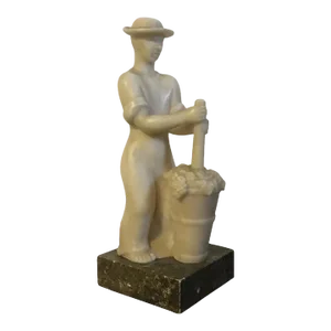 Italian Art Deco Carved Alabaster Marble Figure or Sculpture of a Man Crushing Grapes 1920