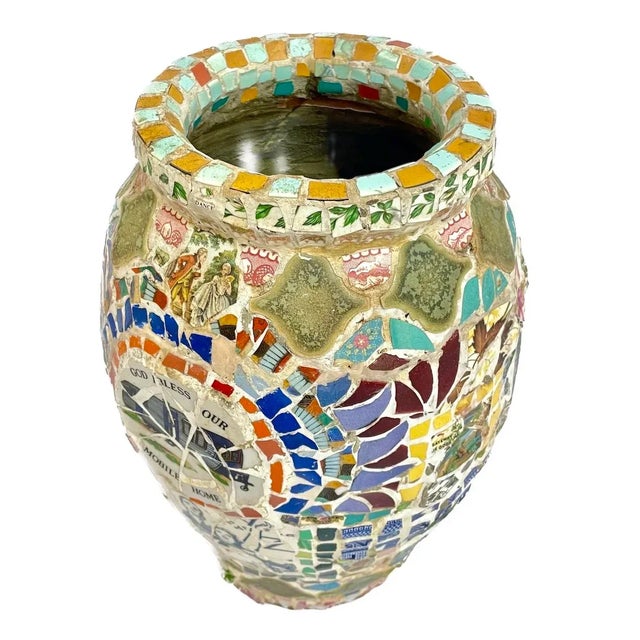 Vintage composed porcelain and ceramic shard art urn. Marked "James Booth , Summer 1993" on the underside.