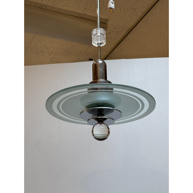Mid 20th Century Art Deco Saturn Etched-Glass + Chrome Chandelier For Sale - Image 9 of 12