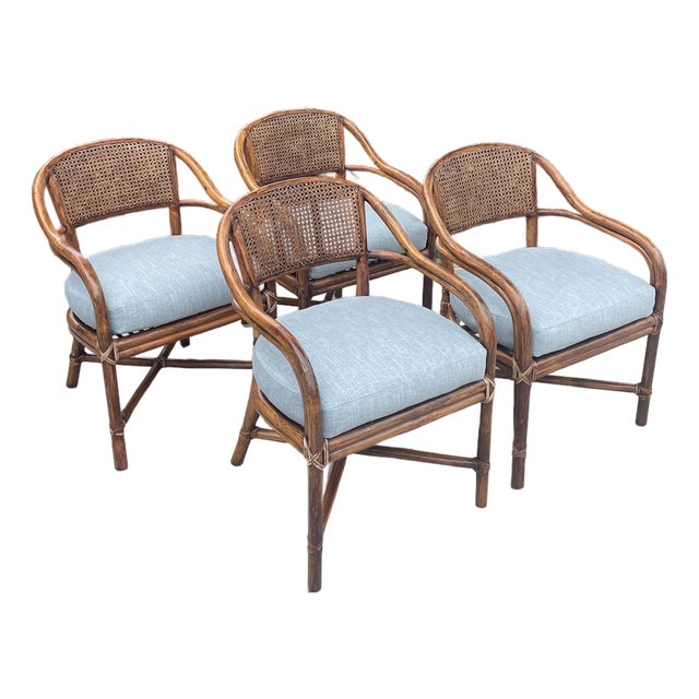 4 Authentic McGuire Vintage Rattan Cane Back Armchairs, Coastal Style For Sale