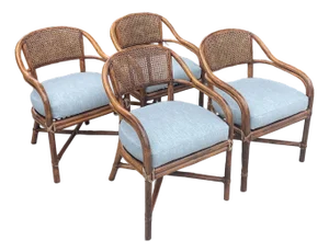4 Authentic McGuire Vintage Rattan Cane Back Armchairs, Coastal Style